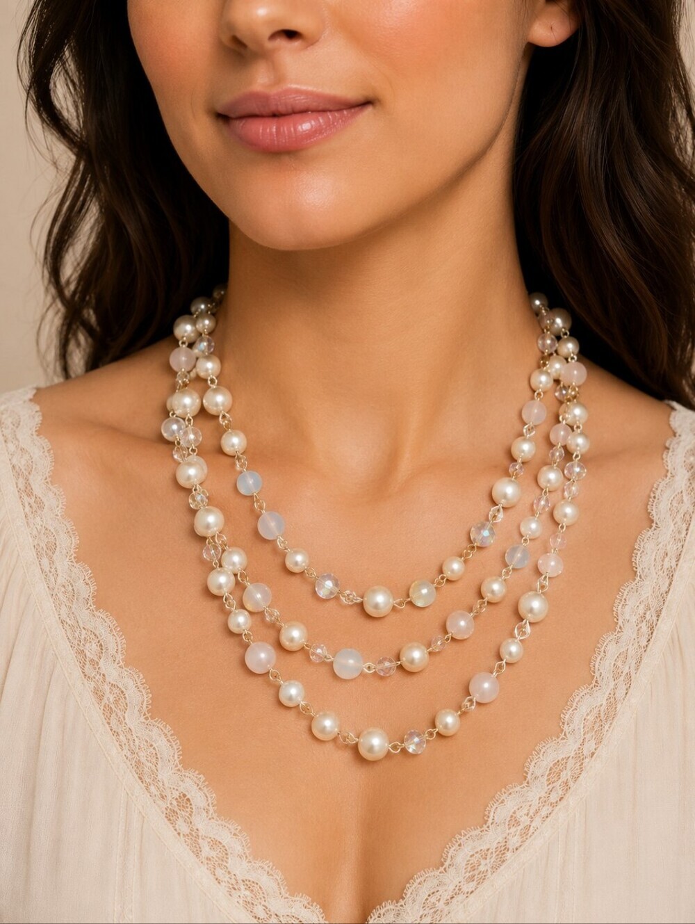 Faux Pearl Irridescent Opaque Pink Beaded Chain Necklace - Picture 1 of 8